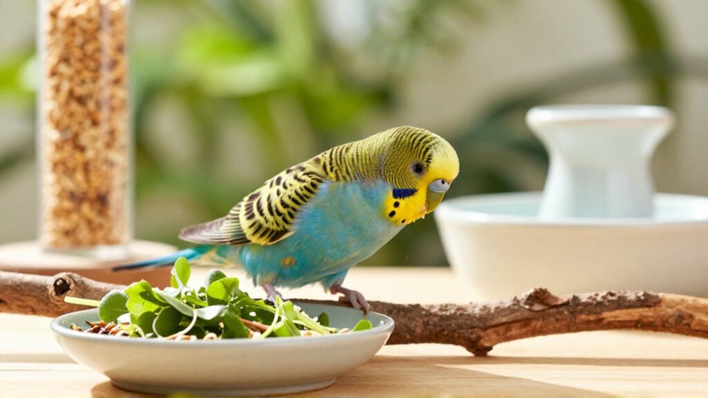 Un periquito azul y amarillo observa curiosamente un plato de comida en un aviario iluminado.