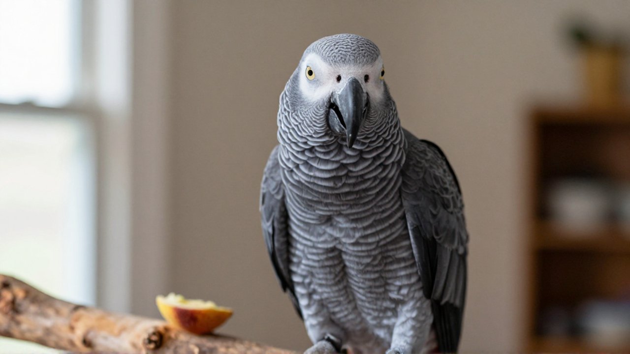 Primer plano de un loro gris africano con el pico abierto sobre una rama con fruta.