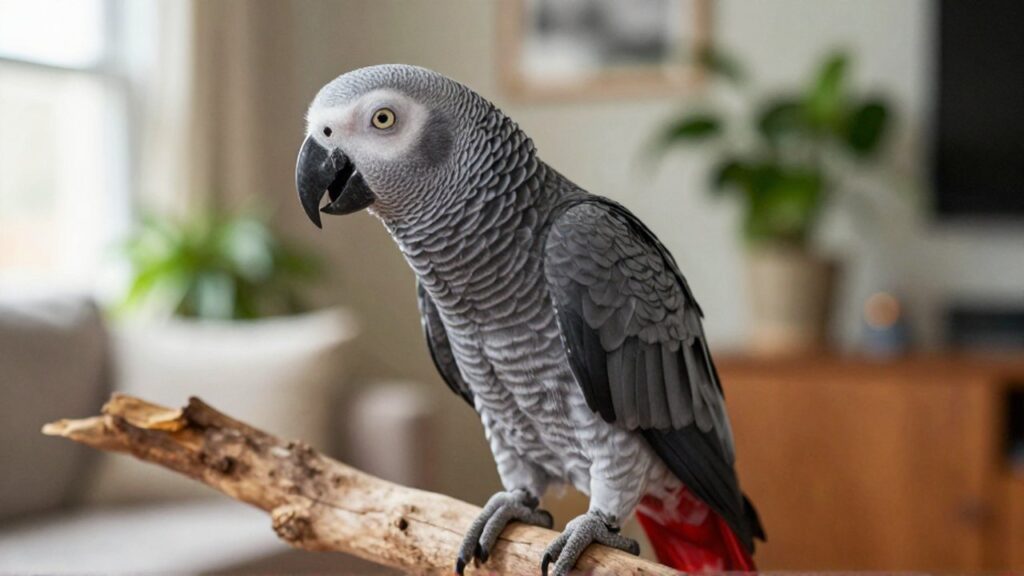 Loro gris africano con cola roja posado en una rama de madera en una sala iluminada.