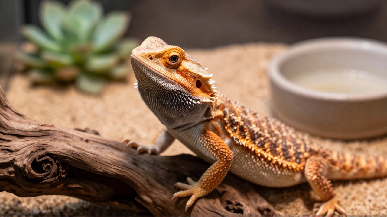 Dragón barbudo con piel arrugada y ojos hundidos descansando sobre madera en un terrario desértico.