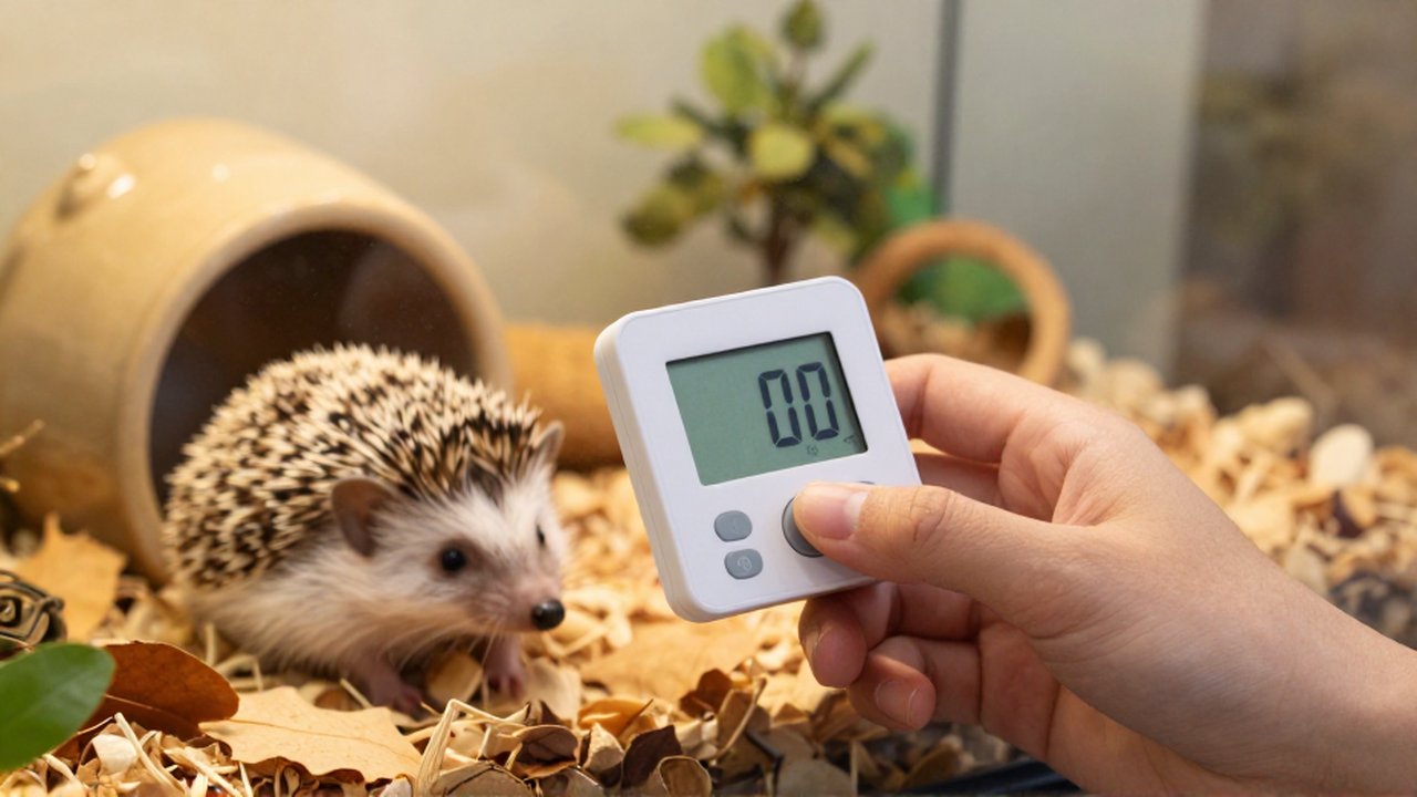 Una mano ajusta un termostato digital para regular la temperatura del hábitat de un erizo africano.