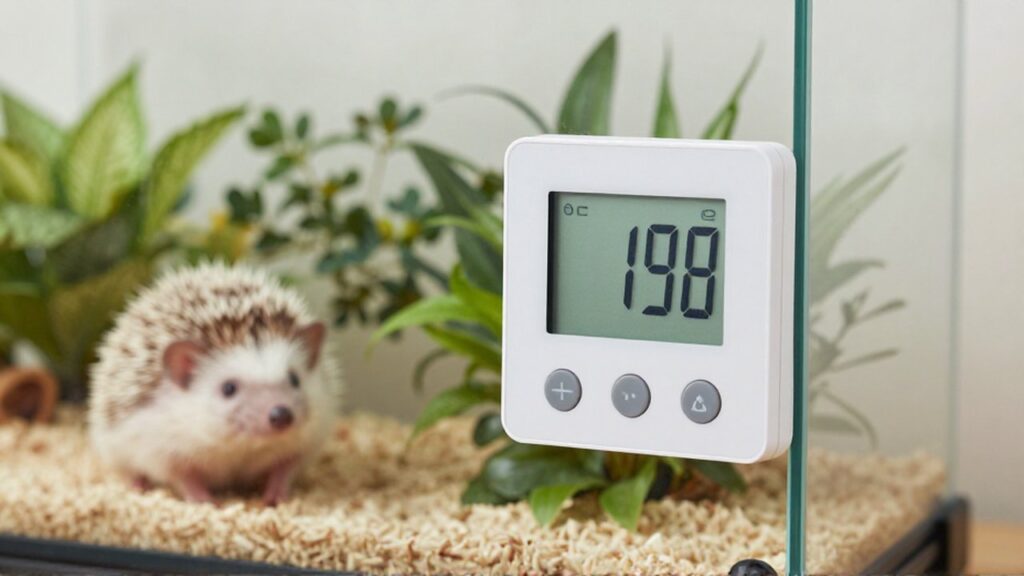 Termostato digital montado en un terrario de cristal con un erizo durmiendo al fondo.