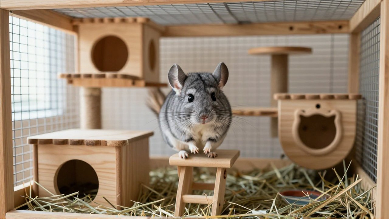 Un chinchilla salta entre plataformas de madera en un amplio y limpio hábitat con niveles para trepar.