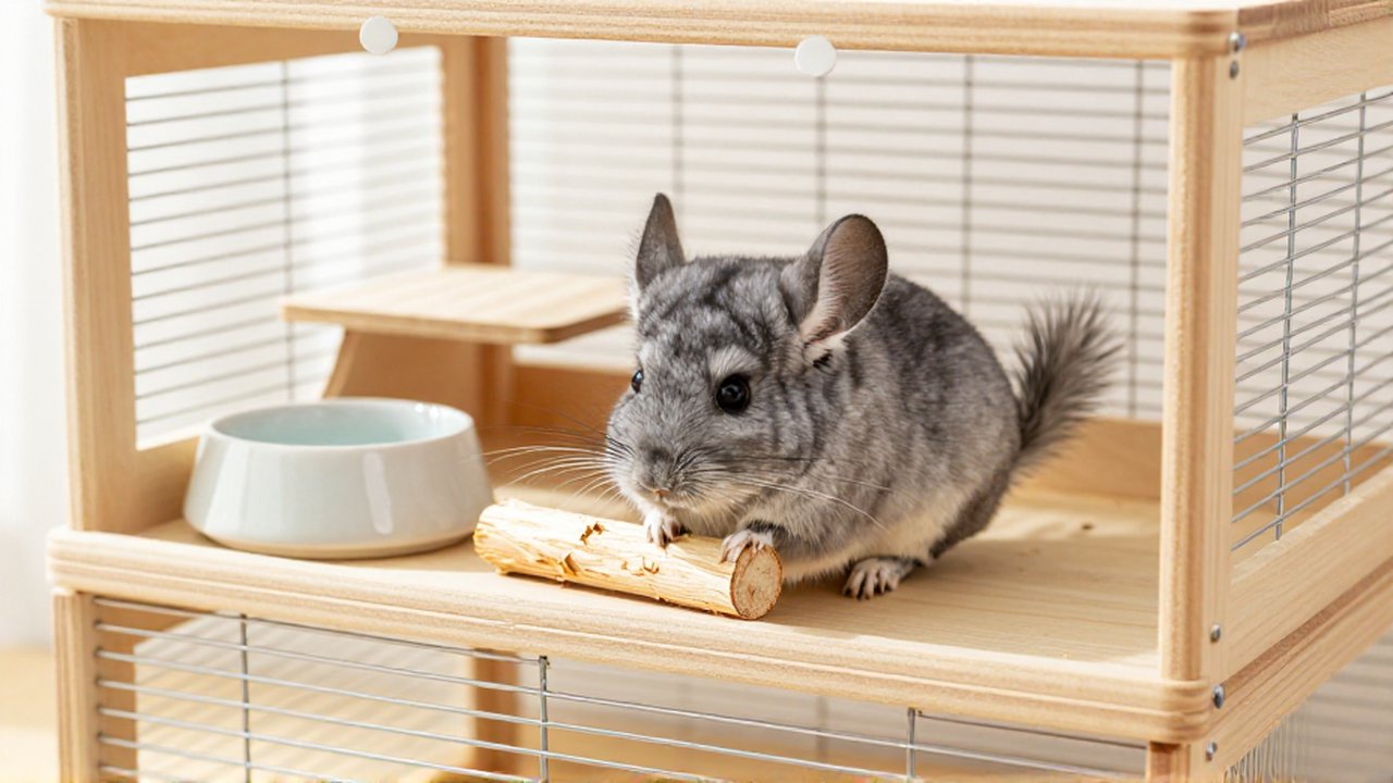 Un chinchilla gris olfatea madera de álamo dentro de un recinto limpio de madera y alambre.