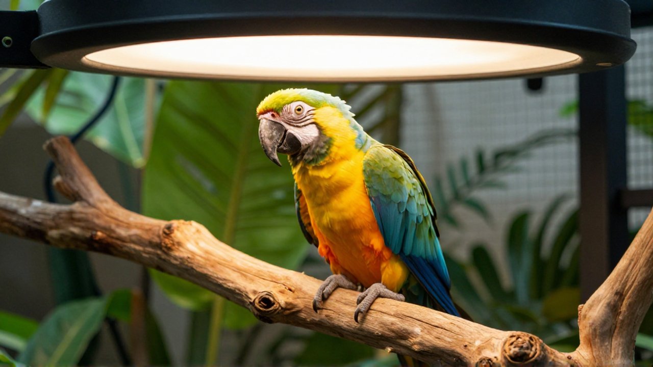 Un loro de colores brillantes posado en una rama dentro de un aviario con luz cálida.