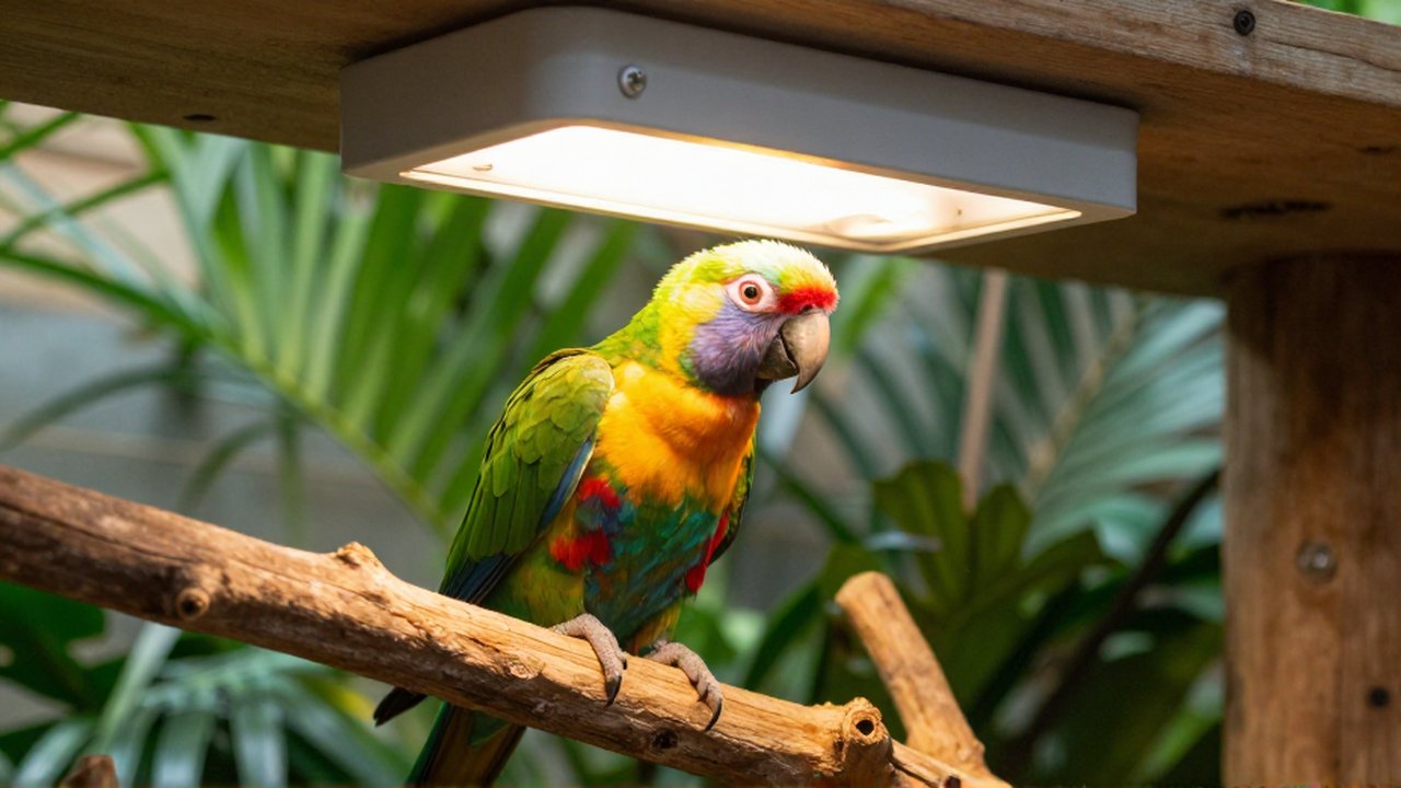 Un loro colorido posado en una rama de madera bajo una lámpara UVB en un aviario con vegetación.