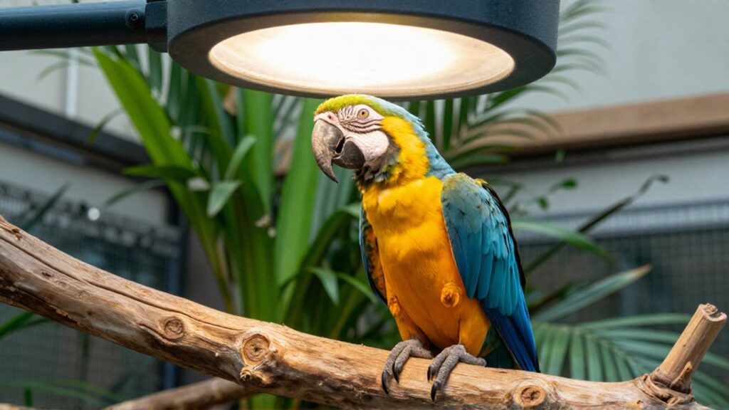 Un guacamayo colorido observa con curiosidad una lámpara de luz ultravioleta en un aviario tropical.