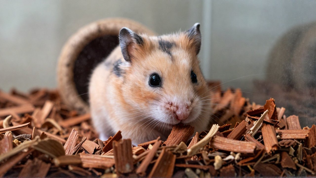 Primer plano de un pequeño roedor olfateando virutas de madera rojiza dentro de su terrario.