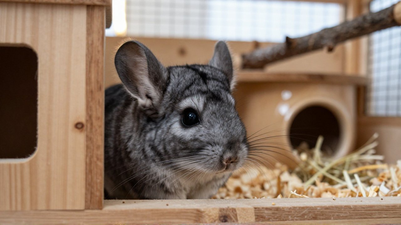 Un chinchilla con pelaje gris asomándose con cautela desde una esquina de su jaula de madera.