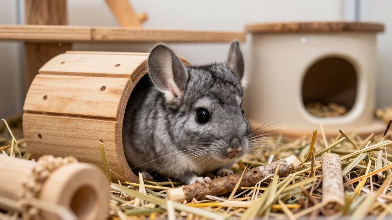Un chinchilla gris explora un túnel de madera y heno en su hábitat enriquecido.