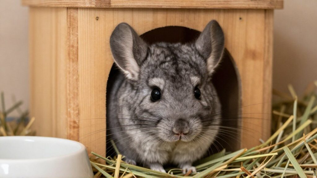 Un chinchilla de pelaje gris observa con cautela desde su refugio de madera en un hábitat limpio.