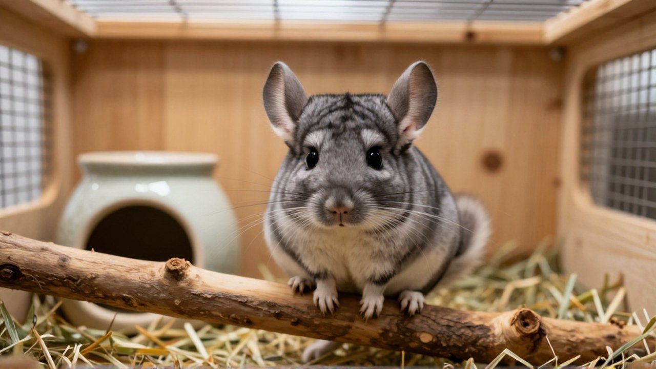 Un chinchilla erizado se mantiene alerta sobre una rama dentro de su recinto de madera.