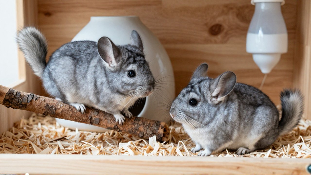 Dos chinchillas en un recinto de madera parecen interactuar mientras una se posa sobre una rama de corcho.