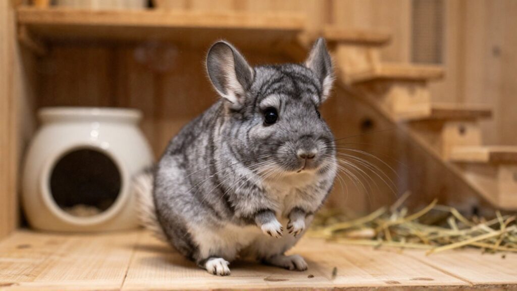 Un chinchilla gris erizado sobre sus patas traseras muestra una actitud defensiva en su hábitat de madera.