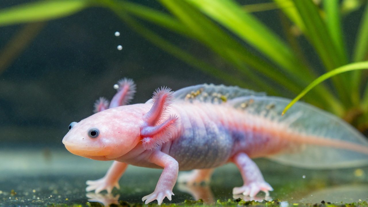 Axolote de piel rosada y translúcida nada tranquilamente en un acuario de agua cristalina.