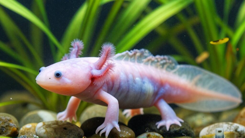 Axolote de piel rosada nadando tranquilamente en un acuario con plantas naturales y piedras.