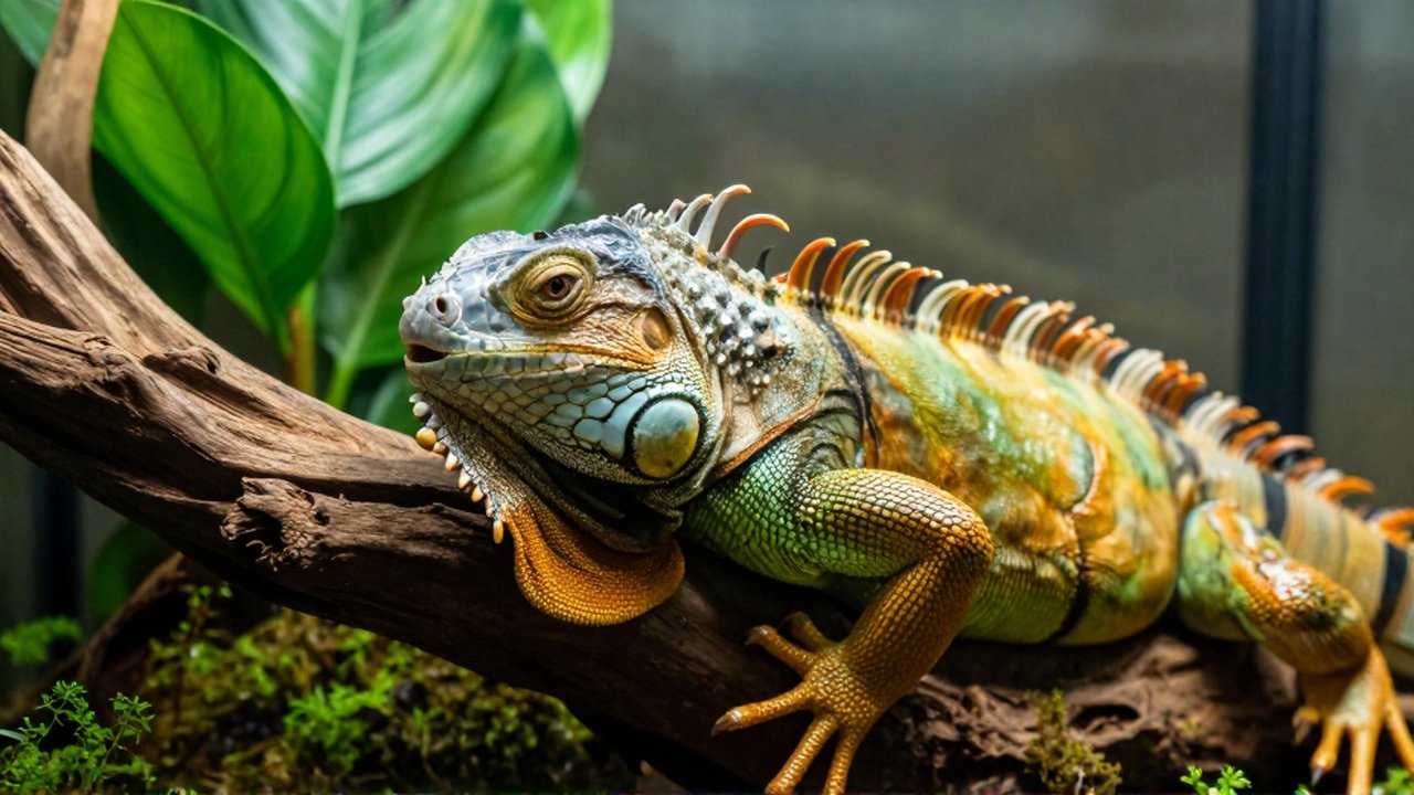 Iguana verde con dificultad respiratoria descansando sobre madera en un terrario tropical húmedo.