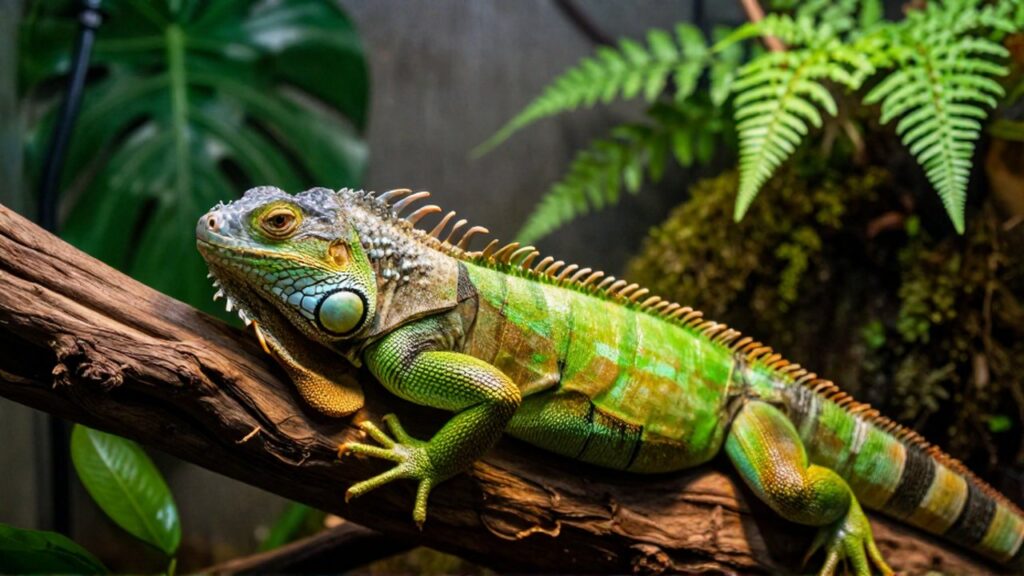 Primer plano de una iguana verde con piel seca sobre una rama en un terrario tropical.